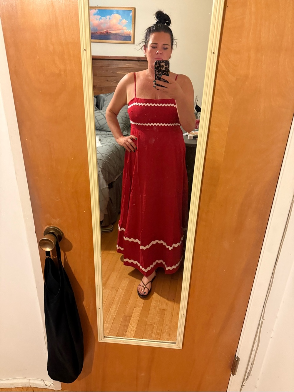 Red Spaghetti-Strap Maxi Dress with White Trim